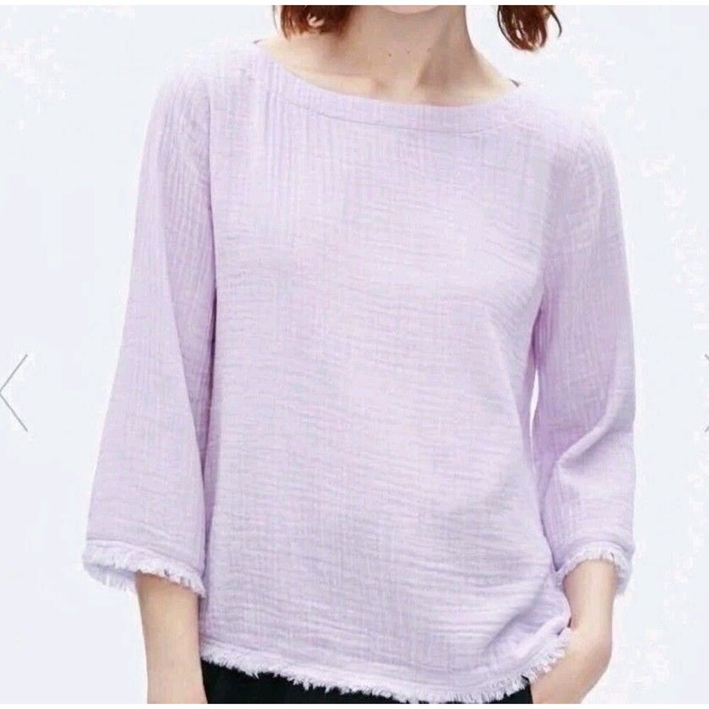 EILEEN FISHER Crinkle Gauze Fringe Trim Organic Cotton Top Mallow Purple - XL
